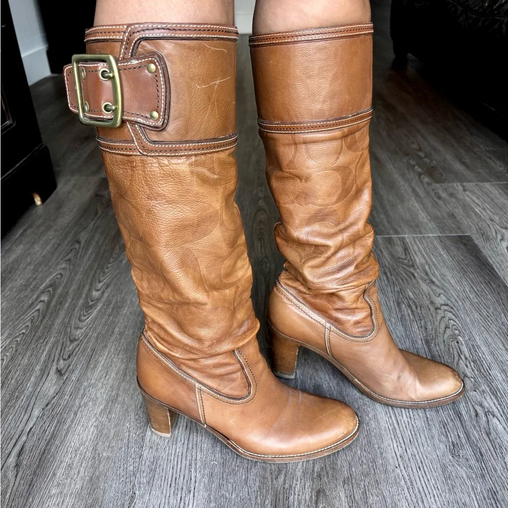 COACH SIGNATURE C SADDLE MERRIDTH BROWN LEATHER BOOTS - Picture 2 of 8